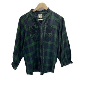 Sister Mary Cotton Plaid Green floral Embroidered Top S Tartan Ruffle Soft